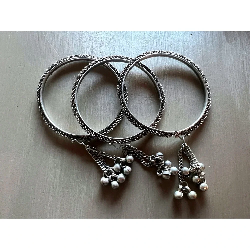 Bangle Bracelet Set 3pc Silver Tone Jingle Bell Charms Boho Ethnic Festival